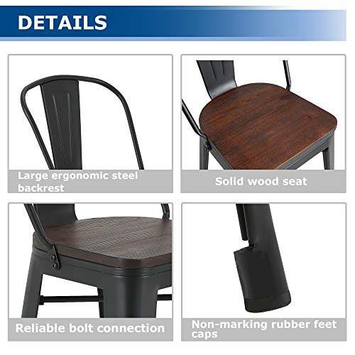 LSSBOUGHT Metal Barstools,Indoor-Outdoor Stackable Tolix Style Counter Stool with Wood Seat and Backrest Set of 4 (Black)