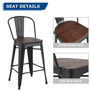 LSSBOUGHT Metal Barstools,Indoor-Outdoor Stackable Tolix Style Counter Stool with Wood Seat and Backrest Set of 4 (Black)