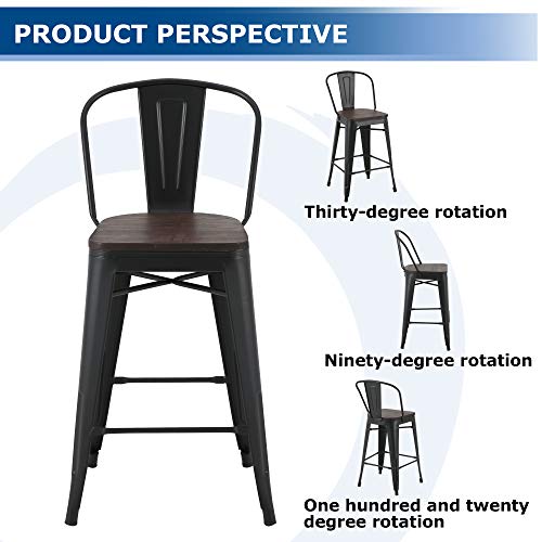 LSSBOUGHT Metal Barstools,Indoor-Outdoor Stackable Tolix Style Counter Stool with Wood Seat and Backrest Set of 4 (Black)