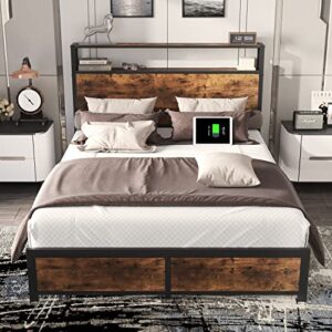 catrimown full size bed frame with storage headboard full platform bed frame with 2 tier headboard industrial wood queen bed frames no box spring needed noise free, rustic brown