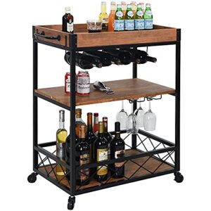 usinso industrial kitchen serving carts rolling bar cart with 3 tier storage shelves bar carts for the home with wine glass holder,lockable caster liquor cart removable top box container