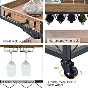 Usinso Industrial Kitchen Serving Carts Rolling Bar Cart with 3 Tier Storage Shelves bar carts for The Home with Wine Glass Holder,Lockable Caster Liquor Cart Removable Top Box Container