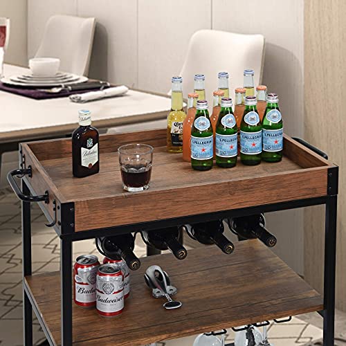 Usinso Industrial Kitchen Serving Carts Rolling Bar Cart with 3 Tier Storage Shelves bar carts for The Home with Wine Glass Holder,Lockable Caster Liquor Cart Removable Top Box Container