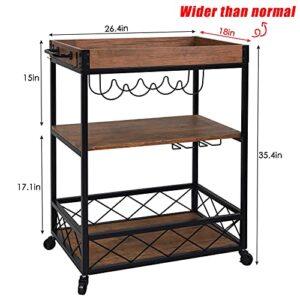 Usinso Industrial Kitchen Serving Carts Rolling Bar Cart with 3 Tier Storage Shelves bar carts for The Home with Wine Glass Holder,Lockable Caster Liquor Cart Removable Top Box Container