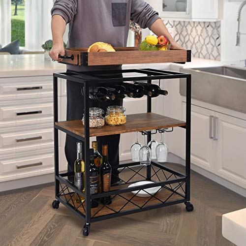 Usinso Industrial Kitchen Serving Carts Rolling Bar Cart with 3 Tier Storage Shelves bar carts for The Home with Wine Glass Holder,Lockable Caster Liquor Cart Removable Top Box Container