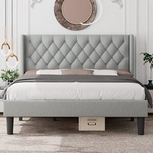 feonase upholstered king bed frame with wingback, platform bed with diamond tufted headboard, heavy duty bed frame, wood slat, easy assembly, noise-free, no box spring needed, light gray