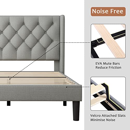 Feonase Upholstered King Bed Frame with Wingback, Platform Bed with Diamond Tufted Headboard, Heavy Duty Bed Frame, Wood Slat, Easy Assembly, Noise-Free, No Box Spring Needed, Light Gray