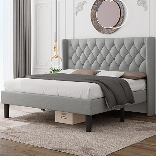 Feonase Upholstered King Bed Frame with Wingback, Platform Bed with Diamond Tufted Headboard, Heavy Duty Bed Frame, Wood Slat, Easy Assembly, Noise-Free, No Box Spring Needed, Light Gray