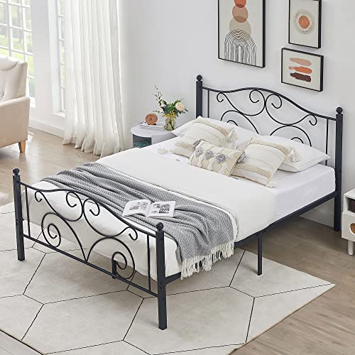 VECELO Full Size Metal Bed Frame with Headboard and Footboard, Iron Mattress Foundation No Box Spring Needed, Heavy Duty/Easy Set Up, Black