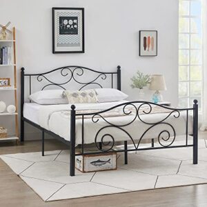 VECELO Full Size Metal Bed Frame with Headboard and Footboard, Iron Mattress Foundation No Box Spring Needed, Heavy Duty/Easy Set Up, Black