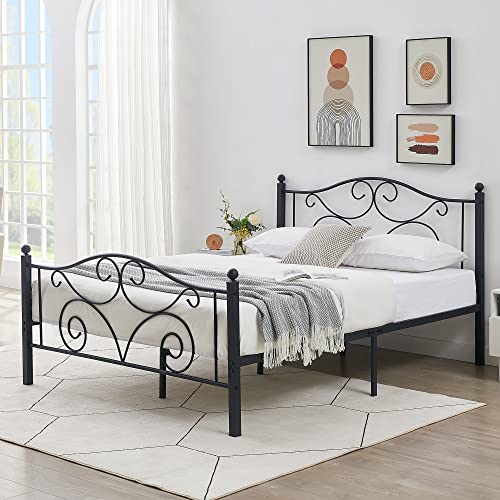 VECELO Full Size Metal Bed Frame with Headboard and Footboard, Iron Mattress Foundation No Box Spring Needed, Heavy Duty/Easy Set Up, Black