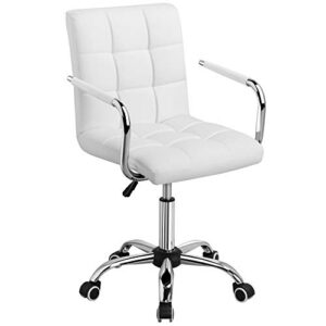 yaheetech white desk chairs with wheels/armrests modern pu leather office chair midback adjustable home computer executive chair on wheels 360° swivel