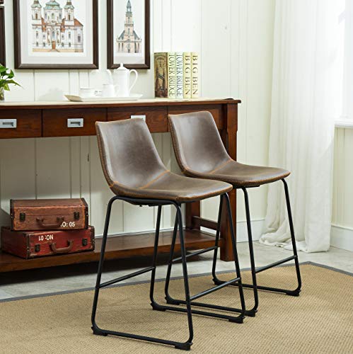 Roundhill Furniture Lotusville Vintage PU Leather Counter Height Stools, Antique Brown, Set of 2