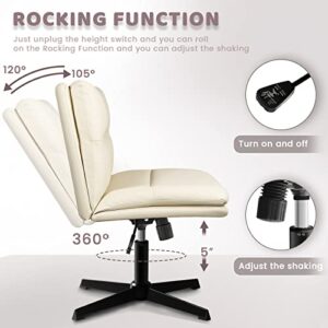 LEMBERI PU Leather Armless Office Desk Chair No Wheels,Criss Cross Legged Home Office chairs, Wide Padded Swivel vanity chair,120°Rocking Mid Back Ergonomic Computer Task Chair for Make Up,Small Space