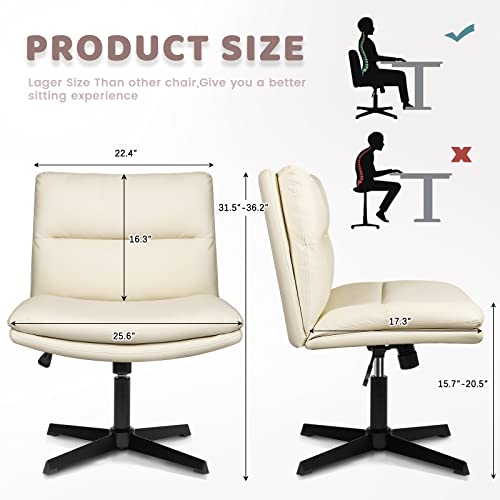 LEMBERI PU Leather Armless Office Desk Chair No Wheels,Criss Cross Legged Home Office chairs, Wide Padded Swivel vanity chair,120°Rocking Mid Back Ergonomic Computer Task Chair for Make Up,Small Space