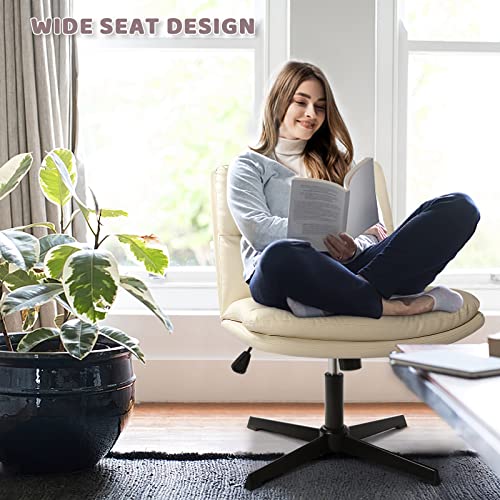 LEMBERI PU Leather Armless Office Desk Chair No Wheels,Criss Cross Legged Home Office chairs, Wide Padded Swivel vanity chair,120°Rocking Mid Back Ergonomic Computer Task Chair for Make Up,Small Space