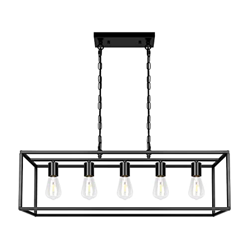 Black Farmhouse Kitchen Island Lighting Modern Linear Chandelier Industrial Dining Room Rectangular Light Fixtures for Living Room Foyer Bar (Black, 5-Light)