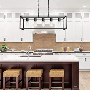 Black Farmhouse Kitchen Island Lighting Modern Linear Chandelier Industrial Dining Room Rectangular Light Fixtures for Living Room Foyer Bar (Black, 5-Light)