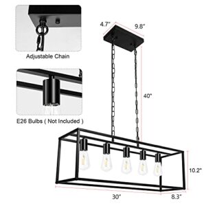 Black Farmhouse Kitchen Island Lighting Modern Linear Chandelier Industrial Dining Room Rectangular Light Fixtures for Living Room Foyer Bar (Black, 5-Light)