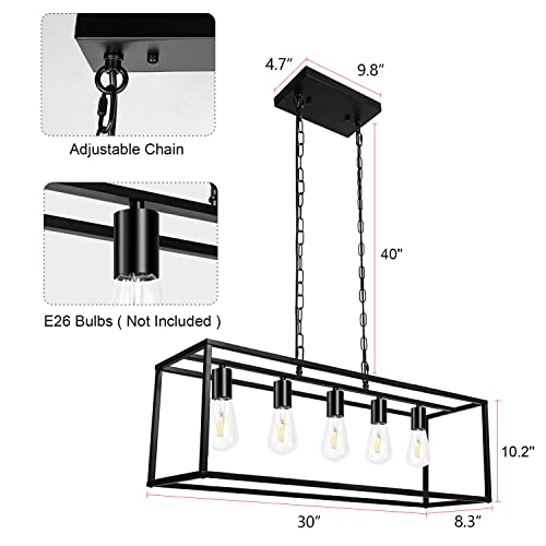 Black Farmhouse Kitchen Island Lighting Modern Linear Chandelier Industrial Dining Room Rectangular Light Fixtures for Living Room Foyer Bar (Black, 5-Light)