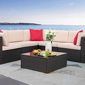 Homall 6 Pieces Furniture Outdoor Sectional Sofa All Weather PE Rattan Patio Conversation Set Manual Wicker Couch with Cushions and Glass Table, Beige