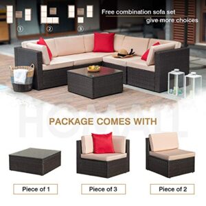 Homall 6 Pieces Furniture Outdoor Sectional Sofa All Weather PE Rattan Patio Conversation Set Manual Wicker Couch with Cushions and Glass Table, Beige