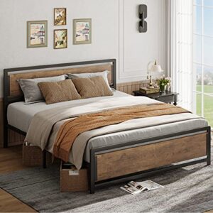 gizoon 11” full bed frame w/large under-bed storage, metal platform bed w/industrial headboard w/rivet, sturdy iron slat, no noise, easy assembly, mattress foundation, no box spring needed, retro