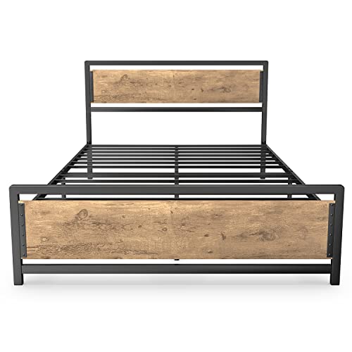 Gizoon 11'' Full Bed Frame W/Large Under-Bed Storage, Metal Platform Bed W/Industrial Headboard W/Rivet, Sturdy Iron Slat, No Noise, Easy Assembly, Mattress Foundation, No Box Spring Needed, Retro