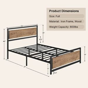 Gizoon 11'' Full Bed Frame W/Large Under-Bed Storage, Metal Platform Bed W/Industrial Headboard W/Rivet, Sturdy Iron Slat, No Noise, Easy Assembly, Mattress Foundation, No Box Spring Needed, Retro