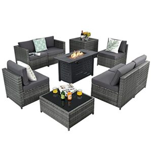 tangkula 9 pieces patio rattan furniture set, patiojoy sectional sofa set w/fire pit table, storage box, coffee table, outdoor wicker conversation set w/ 42” propane fire pit table (grey)