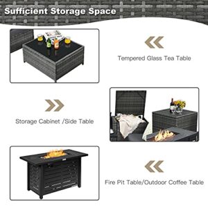 Tangkula 9 Pieces Patio Rattan Furniture Set, Patiojoy Sectional Sofa Set w/Fire Pit Table, Storage Box, Coffee Table, Outdoor Wicker Conversation Set w/ 42” Propane Fire Pit Table (Grey)