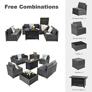 Tangkula 9 Pieces Patio Rattan Furniture Set, Patiojoy Sectional Sofa Set w/Fire Pit Table, Storage Box, Coffee Table, Outdoor Wicker Conversation Set w/ 42” Propane Fire Pit Table (Grey)