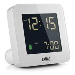 braun digital alarm clock with snooze, negative lcd display, quick set, crescendo beep alarm in white, model bc09w