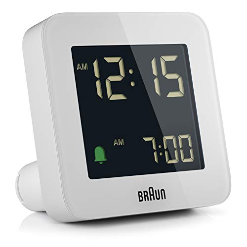 Braun Digital Alarm Clock with Snooze, Negative LCD Display, Quick Set, Crescendo beep Alarm in White, Model BC09W