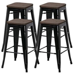 yaheetech 26inch barstools set of 4 counter height metal bar stools, indoor outdoor stackable bartool industrial with wood seat 331lb, black
