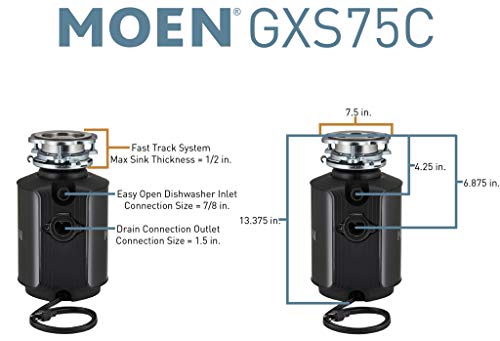 Moen GXS75C Host Series 3/4 HP Continuous Feed Garbage Disposal with Sound Reduction, Power Cord Included