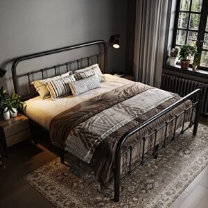 Allewie Queen Size Metal Platform Bed Frame with Victorian Style Wrought Iron-Art Headboard/Footboard, No Box Spring Required, Black