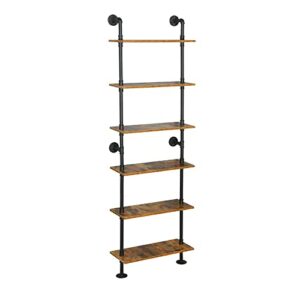 industrial pipe shelving, 6-tier pipe shelves ladder shelf, modern bookcase wall mount bookshelf with metal frame, book shelves wall decor wood shelves for home, living room, office(23.6×9.8×78.8)