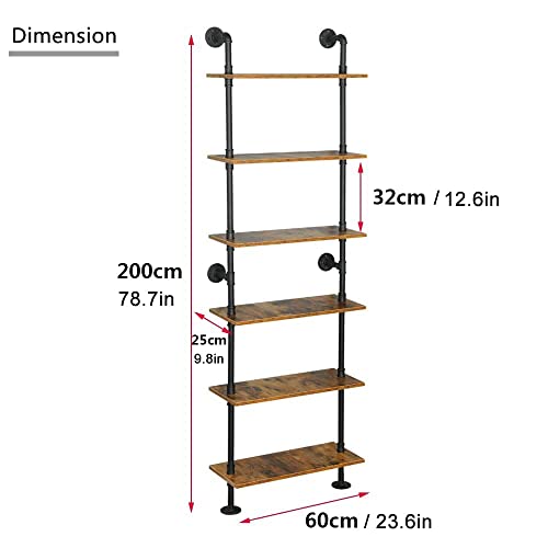 Industrial Pipe Shelving, 6-Tier Pipe Shelves Ladder Shelf, Modern Bookcase Wall Mount Bookshelf with Metal Frame, Book Shelves Wall Decor Wood Shelves for Home, Living Room, Office(23.6x9.8x78.8)