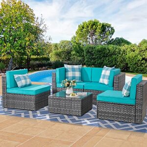 shintenchi 5 pieces outdoor patio sectional sofa couch, silver gray pe wicker furniture conversation sets with washable cushions & glass coffee table for garden, poolside, backyard (blue)