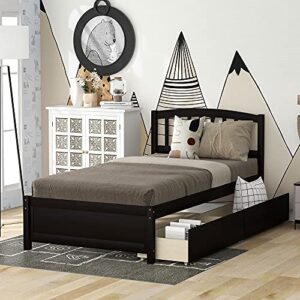 harper & bright designs twin storage bed frame, wood platform bed with two drawers and headboard, espresso