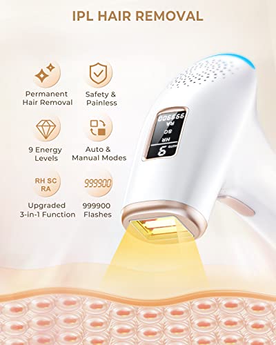 Laser Hair Removal for Women and Men, Upgraded 3 in 1 At Home IPL Hair Removal, 9 Levels and 999,900 Flashes Permanent Hair Remover,Painless Hair Remover on Face,Body,Bikini, Whole Body Treatment