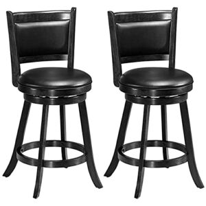 costway bar stools set of 2, 360 degree swivel, accent wooden swivel back counter height bar stool, fabric upholstered design, pvc cushioned seat (2 stools, black 24” height)