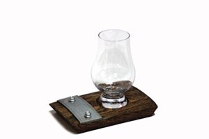 barrel-art barrel stave whiskey bourbon scotch coaster with glencarin glass and galvanized steel, dark walnut