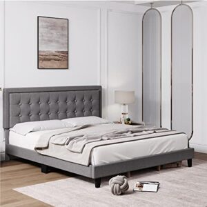 senfot full size bed frame, modern upholstered platform bed with button tufted headboard, heavy duty metal foundation with wood slats supports no box spring needed in light grey