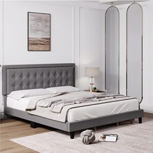 Senfot Full Size Bed Frame, Modern Upholstered Platform Bed with Button Tufted Headboard, Heavy Duty Metal Foundation with Wood Slats Supports No Box Spring Needed in Light Grey