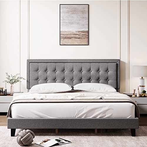 Senfot Full Size Bed Frame, Modern Upholstered Platform Bed with Button Tufted Headboard, Heavy Duty Metal Foundation with Wood Slats Supports No Box Spring Needed in Light Grey