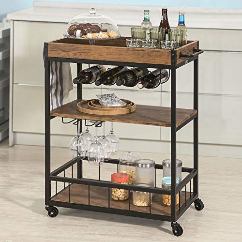 Haotian FKW56-N, Bar Serving Cart, Home Myra Rustic Mobile Kitchen Serving cart with Removable Tray, Industrial Vintage Style Wood Metal Serving Trolley (Brown)