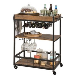 Haotian FKW56-N, Bar Serving Cart, Home Myra Rustic Mobile Kitchen Serving cart with Removable Tray, Industrial Vintage Style Wood Metal Serving Trolley (Brown)