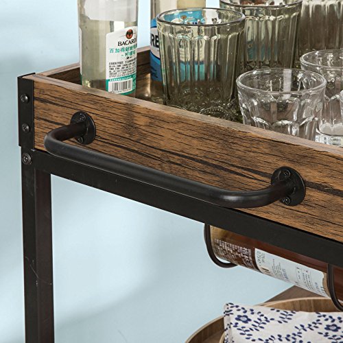 Haotian FKW56-N, Bar Serving Cart, Home Myra Rustic Mobile Kitchen Serving cart with Removable Tray, Industrial Vintage Style Wood Metal Serving Trolley (Brown)